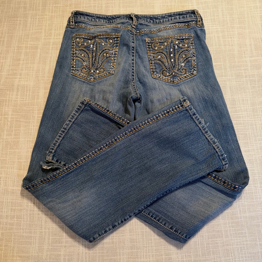 Rock 47 by Wrangler Womens Bootcut Jeans Blue Fleur De Lis Bling 11/12x34